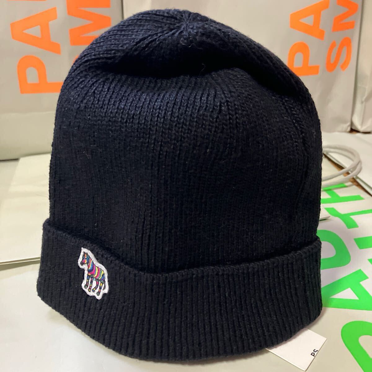 ●新品●送料込 ポールスミス シンプル無地ニット帽 ブラックA マルチゼブラパッチ 薄手 ウール&ポリエステル PaulSmith ユニセックス拍卖