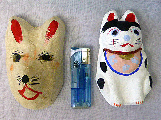 A3 郷土玩具和紙面 房本武義作 なにわ張子面 猫&狐 縁起物・オブジェ/ディスプレイ・250108拍卖