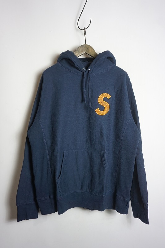美品 正規 18AW Supreme シュプリーム S Logo Hooded Sweatshirt ヘリンボーン Sロゴ スウェット シャツ パーカー 紺 L 本物 517O▲拍卖