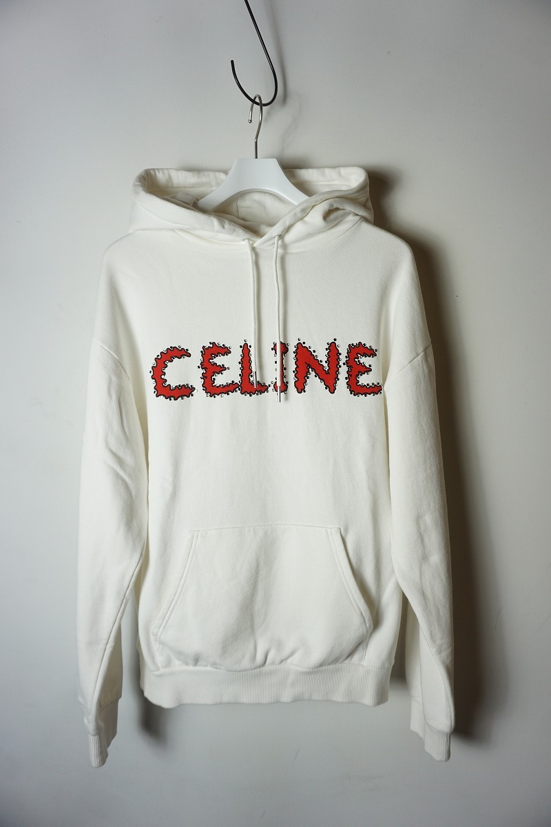美品 正規 23SS CELINE セリーヌ ロゴ ラインストーン スウェット シャツ パーカー オーバーサイズ エディ 2Y88B670Q 白S本物 327O▲拍卖