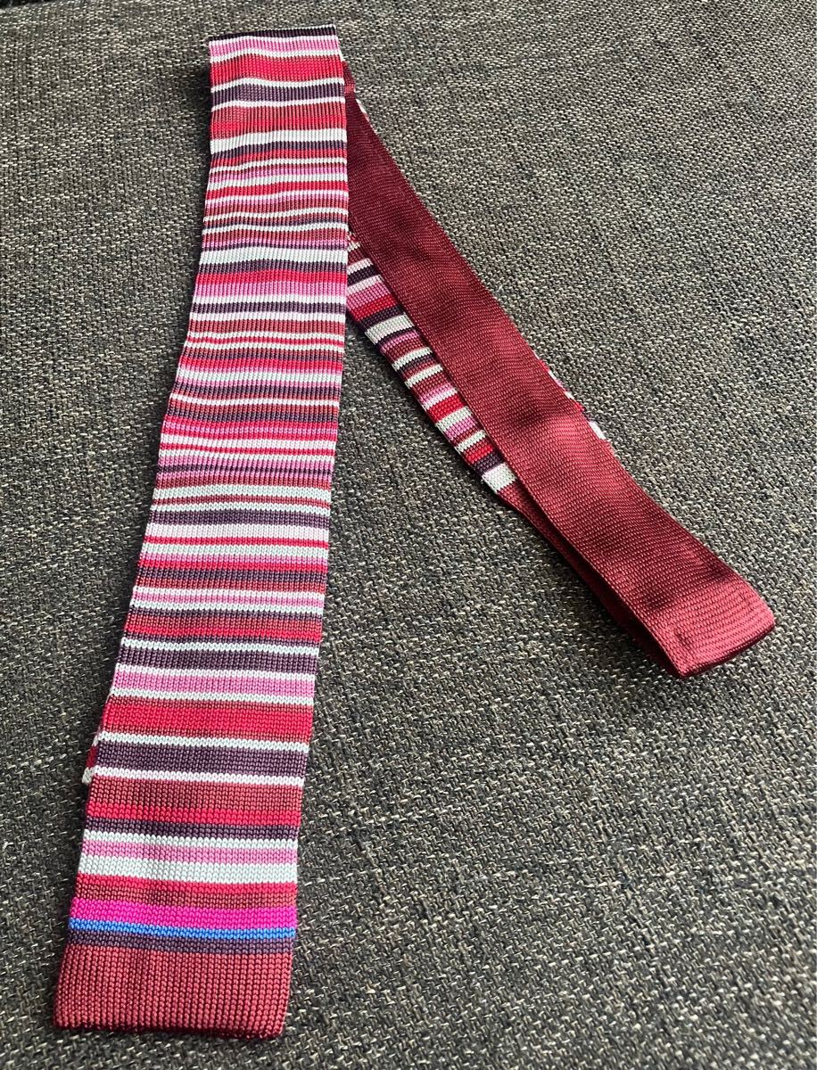 ポールスミス ニットタイ ネクタイ マルチストライプ マルチボーダー 赤 ピンク拍卖