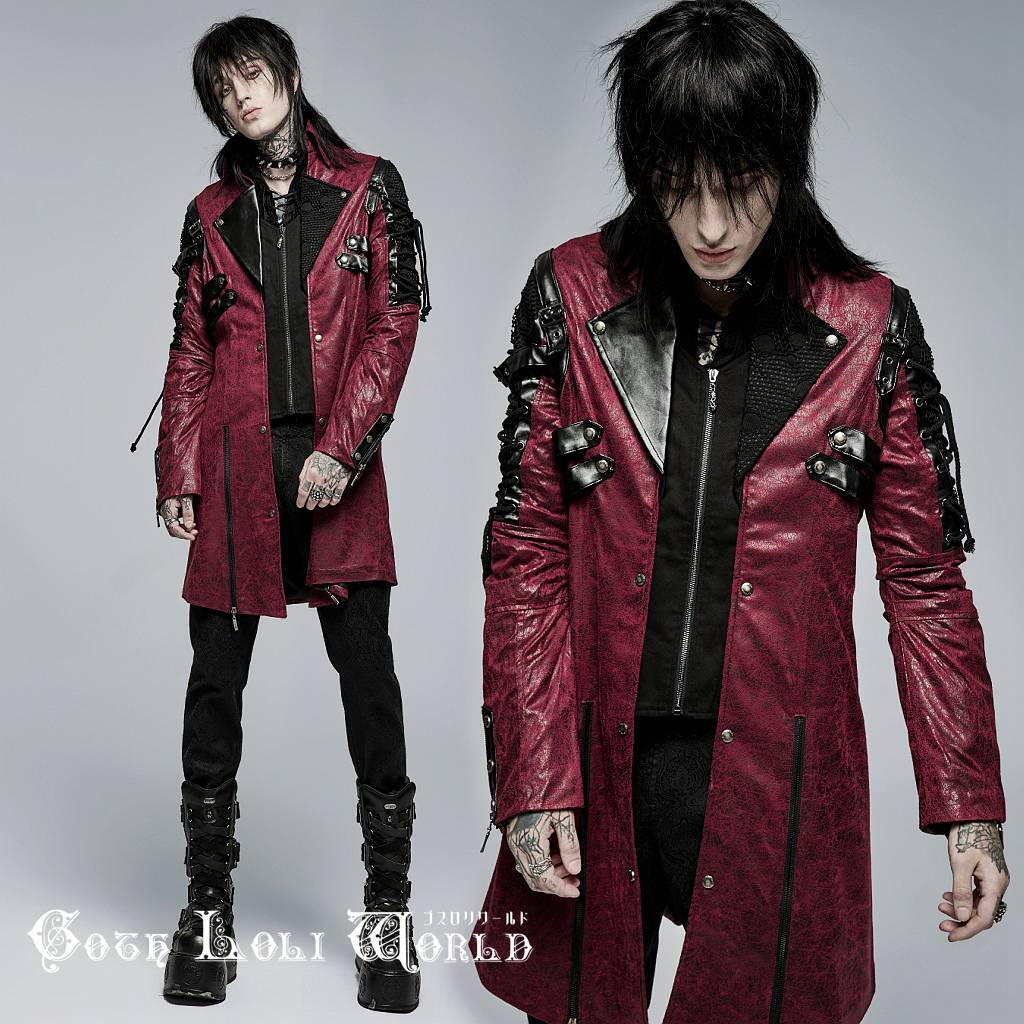 Y-349M-RD-M アシンメトリーカラーレースアップミドルコート 赤色 メンズ ゴスロリワールド ゴシック パンク ロック ビジュアル系 V系拍卖