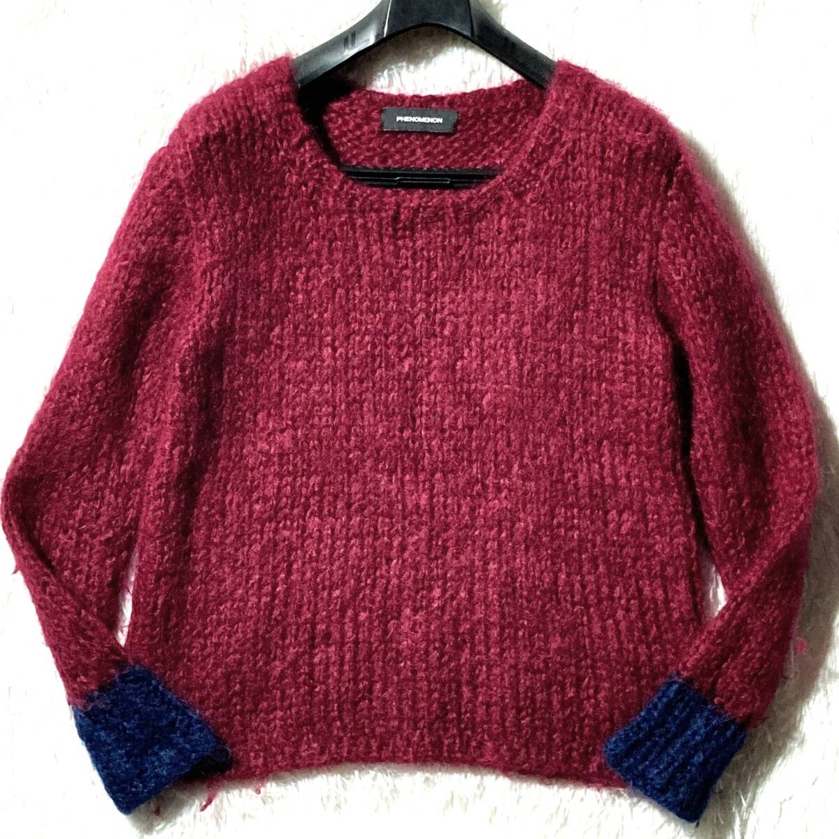 PHENOMENON★激レア 入手困難★キッドモヘア70% 起毛ニットセーター ローゲージ モヘヤ/ウール 好配色 エンジ×紺 M フェノメノン グランジ拍卖