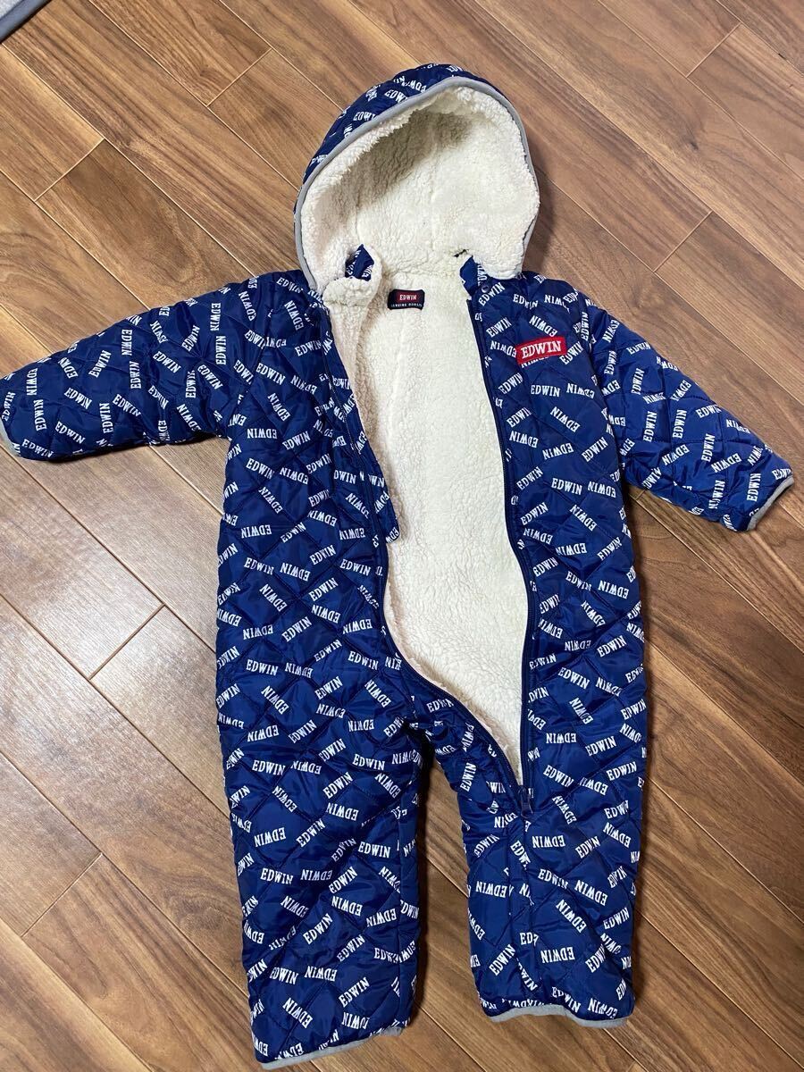 美品! エドウィン 95cm 裏ボア スノーウェア ベビー ネイビー 総ロゴ フード脱着 洗える 防寒 ロンパース拍卖