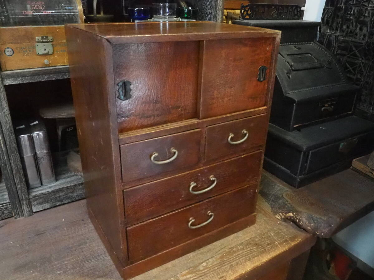 【小さな茶箪笥】昭和レトロ引出し無垢材木製ウッド収納ケース古道具アンティーク文具インテリア事務書棚インダストリアル古民具レジ台拍卖