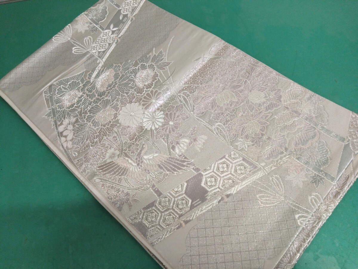 ●7 高級 袋帯【煌きのオパール】簾 鶴 菊 牡丹 蓮 椛 輝き 光沢 煌 雅 豪華絢爛 六通 帯 縁起物 中古 保管品 ②拍卖