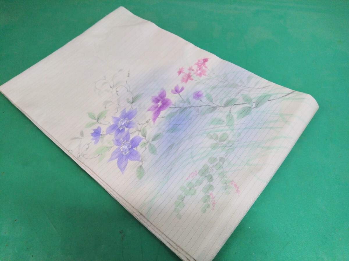●17 銘 落款あり 手描き 絽 なごや帯 テッセン クレマチス (中古でも高値で売られている 作家物) 高級 正絹 上品 お太鼓 帯 中古 ④拍卖