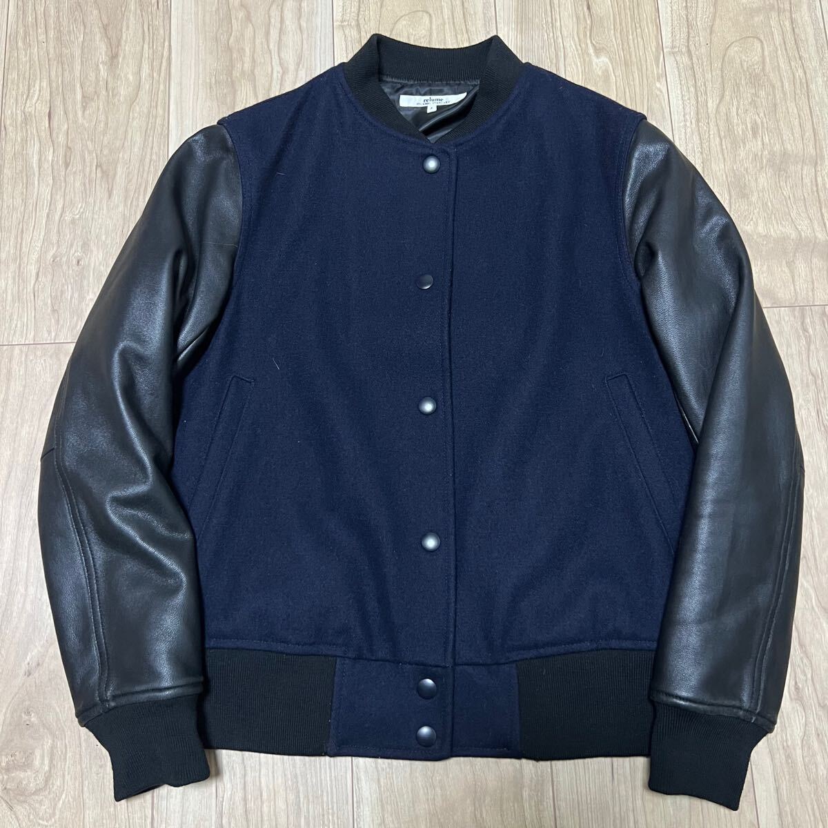 ★本革★JOURNAL STANDARD ジャーナルスタンダード 羊革 レザー袖 スタジャン ジャケット ブルゾン ネイビー レディース サイズS R-7024拍卖
