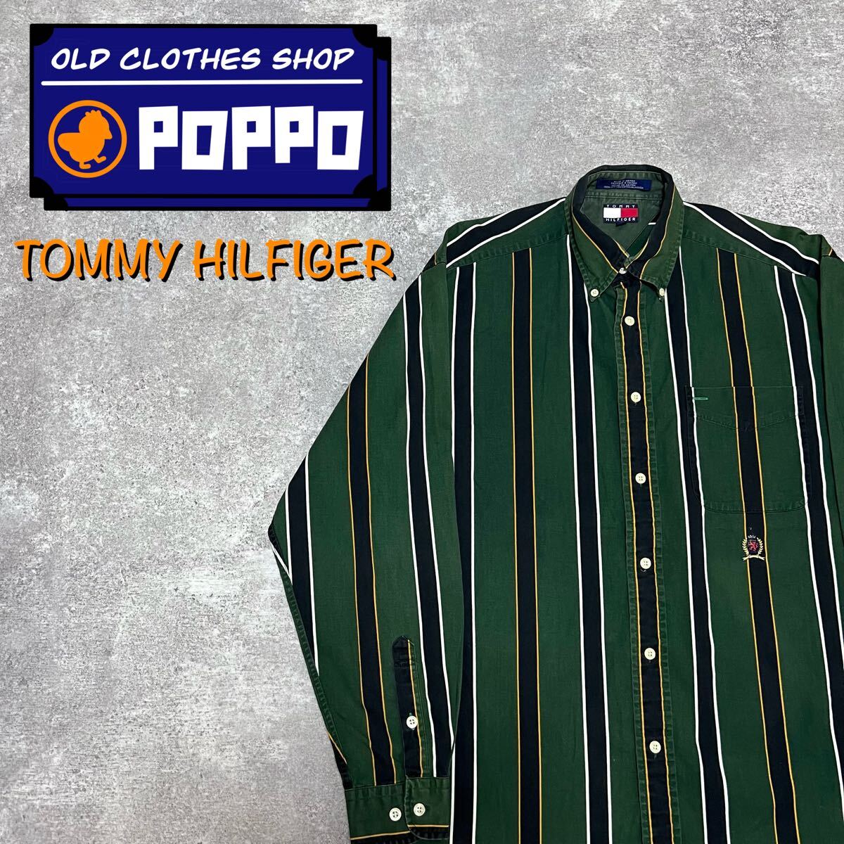 トミーヒルフィガー クラシックボールドストライプシャツ 90s ディープグリーン 長袖シャツ拍卖