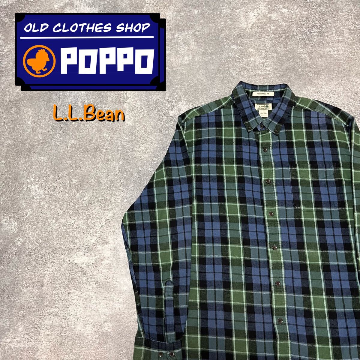 エルエルビーンL.L.Bean ブルー×グリーンチェック起毛ネルシャツ 長袖シャツ拍卖
