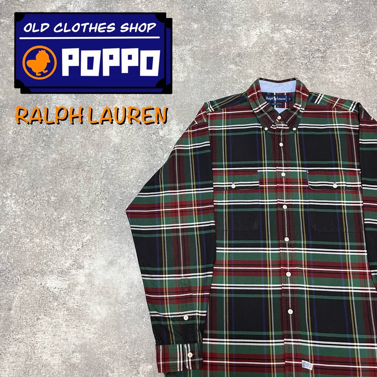 ラルフローレン フラップダブルポケットブラックビッグチェックシャツ 90s 長袖シャツ拍卖