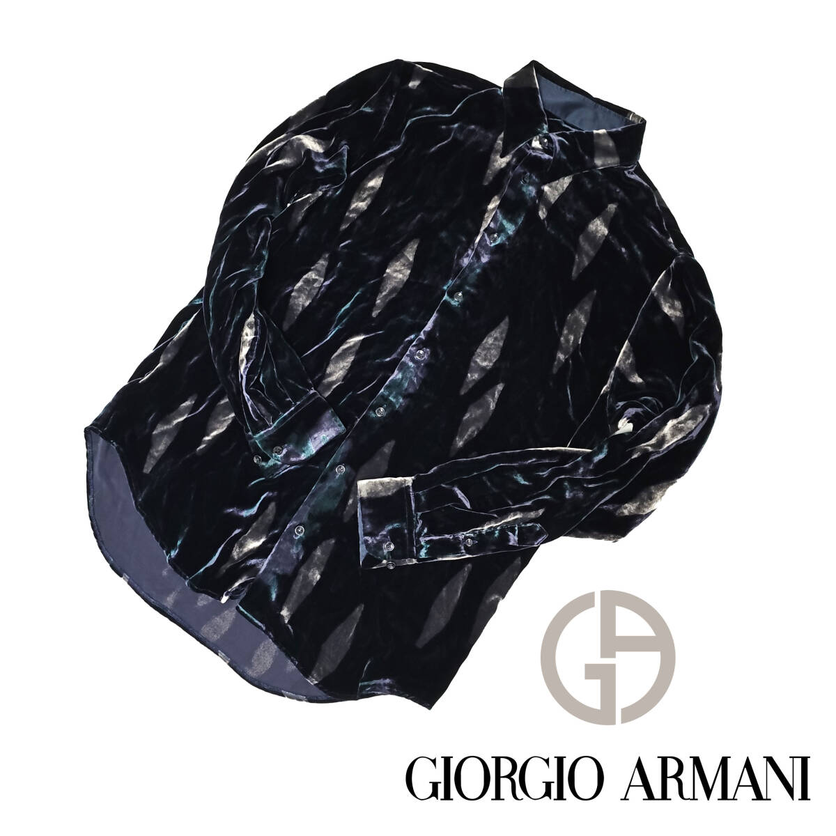 ランウェイコレクション エレガントの最高峰 ベルベットの贅沢な長袖シャツ MサイズGIORGIO ARMANIジョルジオアルマーニ 48サイズ ブラック拍卖