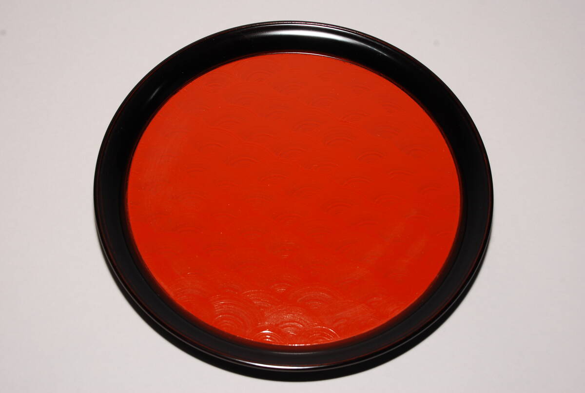 木製漆器 平安 漆専堂 造 菓子盆 小盆 朱塗 青海波文 共箱 茶道具拍卖