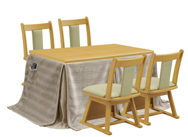 ダイニングこたつテーブルセット ハイタイプ高脚こたつライトブラウン色 135センチ幅 長方形+椅子4脚 +横シマ柄布団の6点セット拍卖