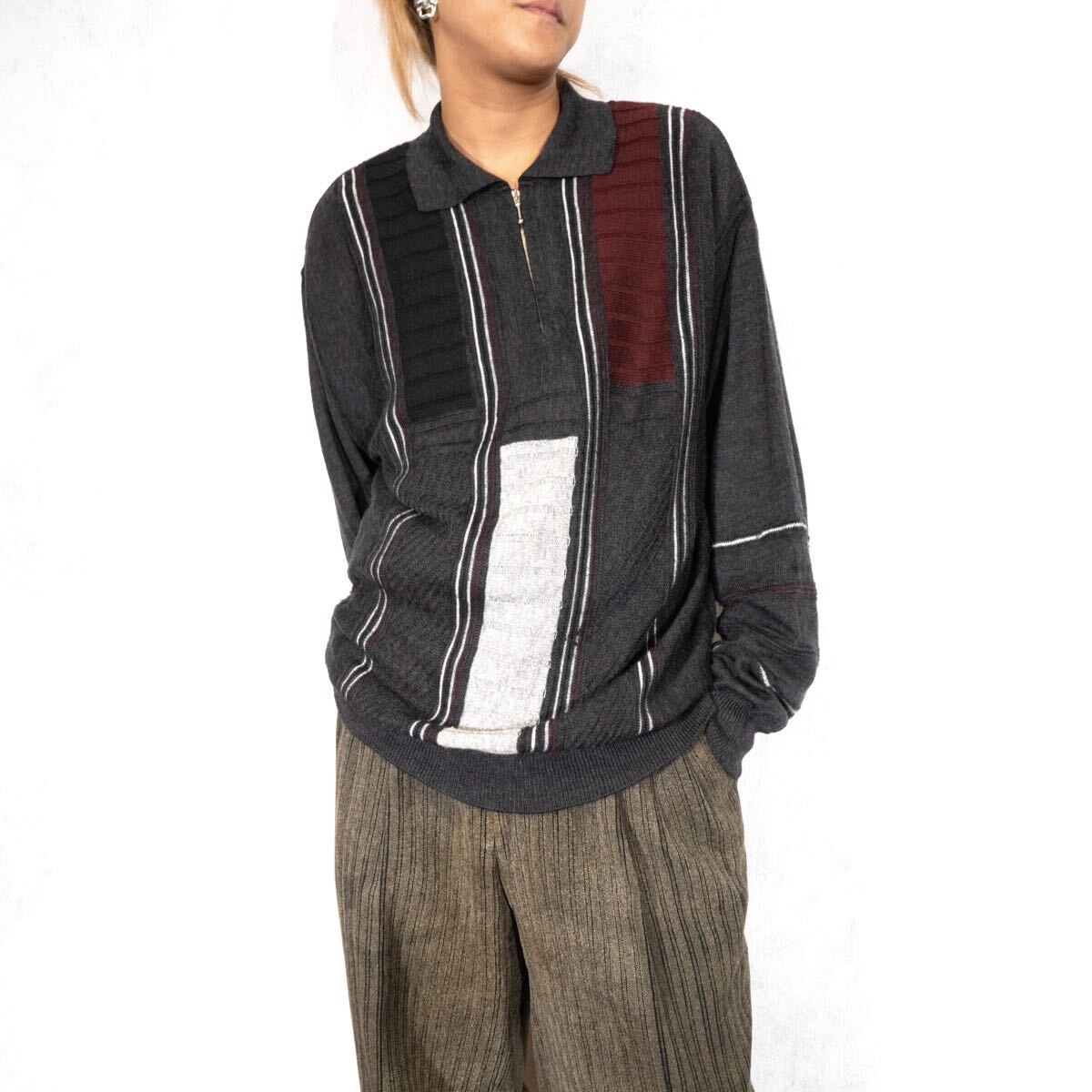 EU VINTAGE COMMANDER PATTERNED DESIGN HALF ZIP KNIT/ヨーロッパ古着柄デザインハーフジップニット拍卖