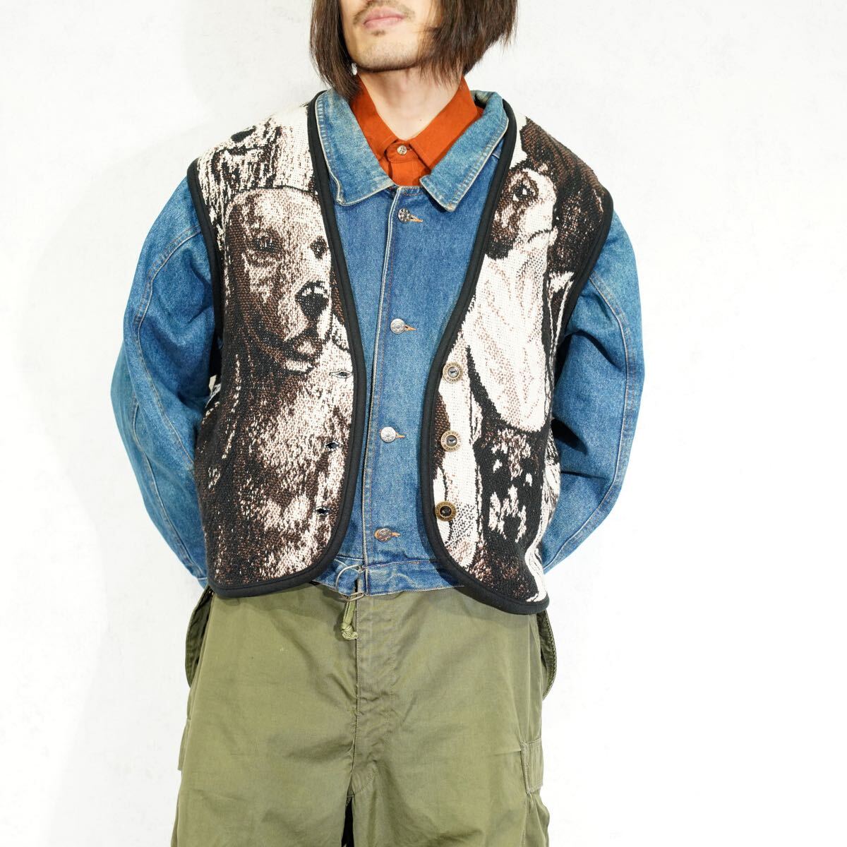 *SPECIAL ITEM* USA VINTAGE SUGAR STREET WEAVERS DOGS EMBROIDERY GOBELIN DESIGN VEST/アメリカ古着風景わんこ刺繍デザインベスト拍卖