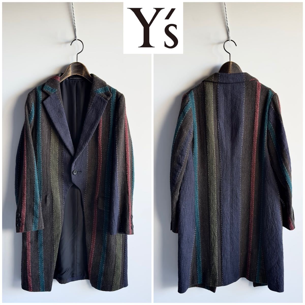 Y's ワイズ マルチストライプデザインロングジャケット 1 ハンドステッチ コットンウール ラグ風生地 チェスターコート ヨウジヤマモト拍卖