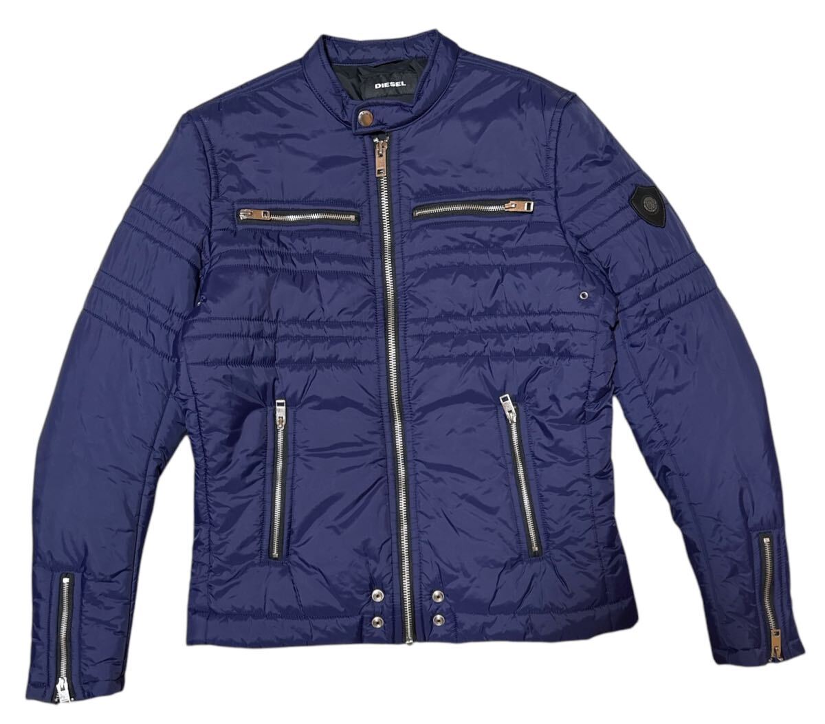 ■ DIESEL ディーゼル ■ ロゴエンブレムワッペン 裏地ロゴプリント 中綿入 ナイロン シングル ライダース ジャケット ネイビー L拍卖