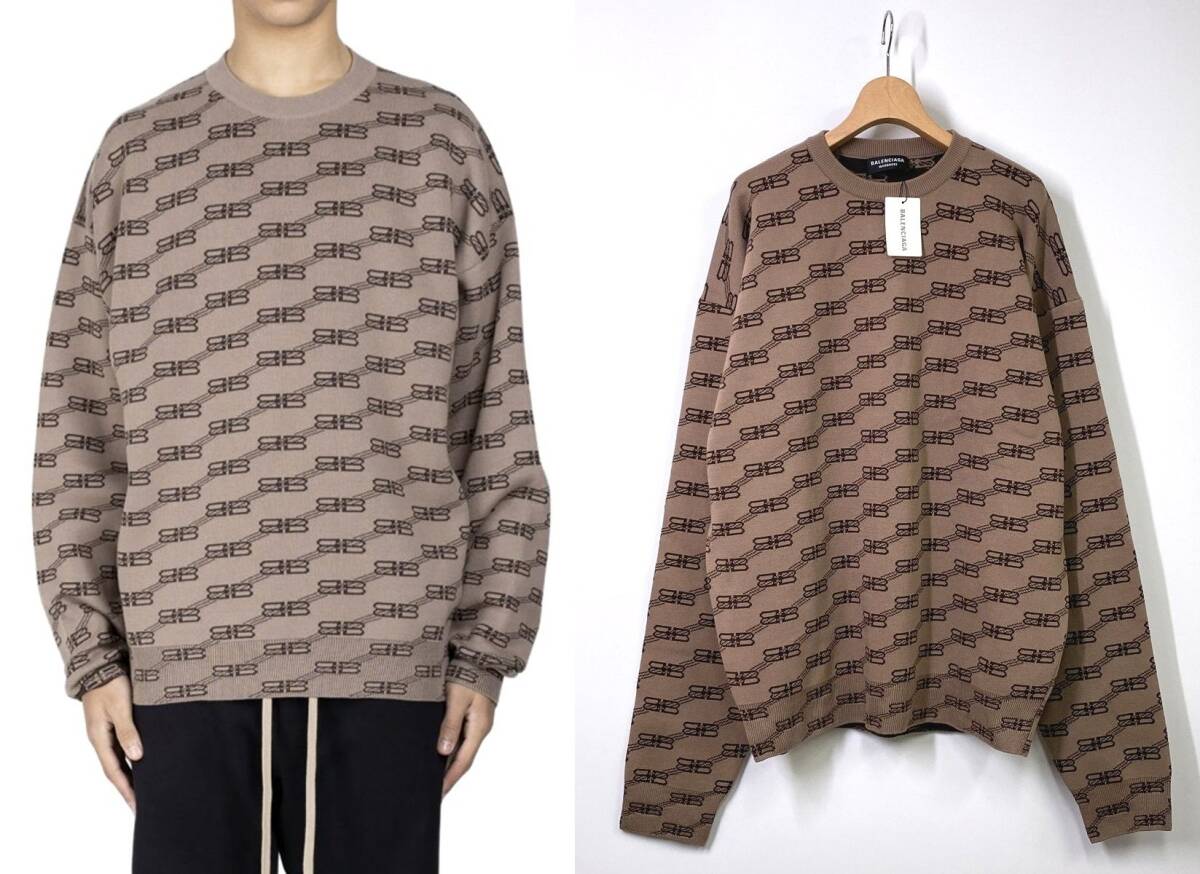 【新品 国内正規品】BALENCIAGA バレンシアガ BB ロゴ ジャガード ニット S ブラウン 茶 オーバーサイズ ビッグ セーター 総柄 GA3037拍卖