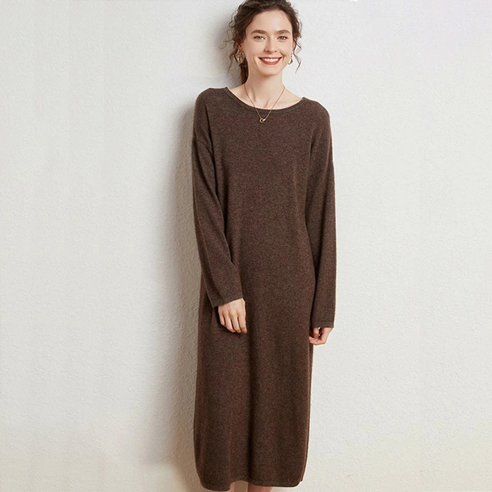 カシミヤ ワンピース レディース カシミア ロング丈 ニットワンピ クルーネック ウールワンピース Zcas0291-1 コーヒー色 M拍卖