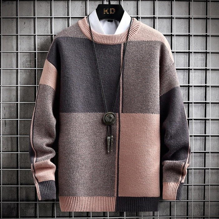 セーター メンズ ニット プルオーバーセーター 長袖 クルーネック セーター 切り替え柄 男性 カジュアル Zwc2653 L ピンク拍卖