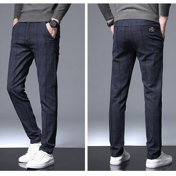 ストレッチ スキニーパンツ チノパン メンズパンツ チェック柄 カジュアルパンツ ロングパンツ Zty-4512-1 ネイビー W32拍卖