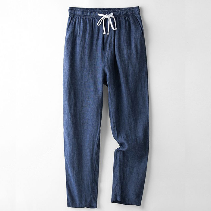 リネンパンツ 薄手 9分丈 メンズパンツ ウエスト紐 ストレートパンツ 無地 涼しい 亜麻素材 九分丈パンツ Zty-4966 ネイビー XXL拍卖