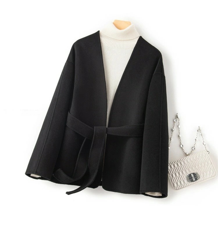 ウールジャケット ベルト付き ショート丈 レディースジャケット ウール100% ショートコート Zcas0364-1 ブラック M拍卖