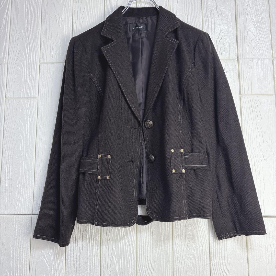 ダークブラウン テーラードジャケット 39cm肩幅 56cm着丈 腰ベルト拍卖