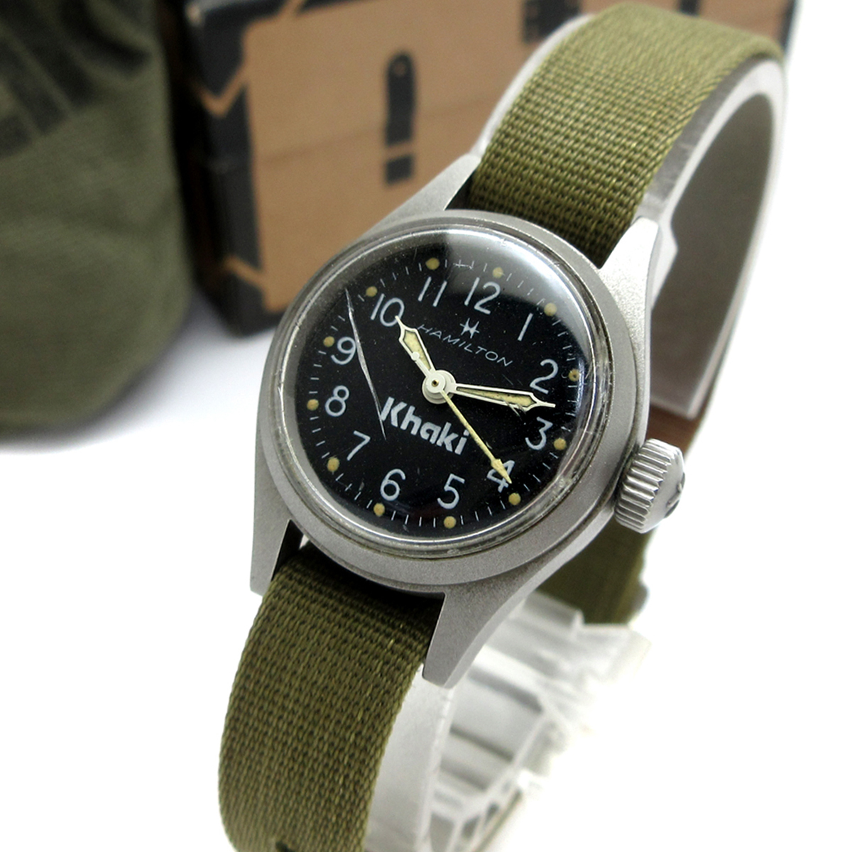ハミルトン 時計 カーキ レディース 手巻き 黒文字盤 870980 HAMILTON 保証書 替えベルト 箱 婦人 稼動品 ヴィンテージ拍卖
