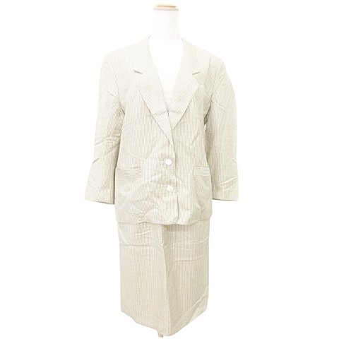 レリアン Leilian スカート スーツ セット ジャケット ひざ丈 ストライプ 9号 Mサイズ ベージュ レディース拍卖