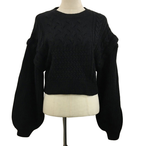 ヘザー Heather セーター ニット プルオーバー クルーネック オープンショルダー ケーブル編み 3WAY 長袖 半袖 F 黒 ブラック レディース拍卖