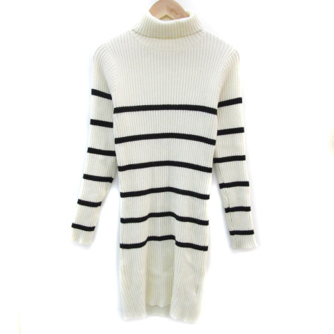 エゴイスト EGOIST リブニットワンピース ミニ丈 長袖 タートルネック ボーダー柄 オフホワイト ブラック 黒 /YM15 レディース拍卖
