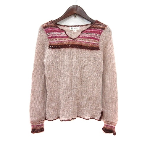 エムケー ミッシェルクラン MK MICHEL KLEIN ニット セーター ボーダー 長袖 ラメ ビーズ ウール 38 M ピンクベージュ /MN レディース拍卖