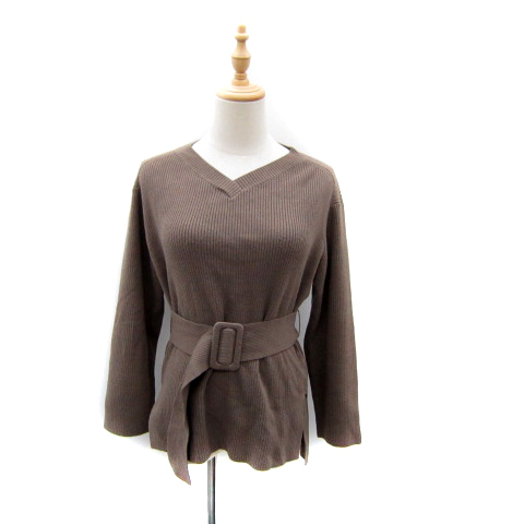 スナイデル SNIDEL ニット カットソー 長袖 Vネック ベルト付き 無地 F 茶 ブラウン /SY24 レディース拍卖