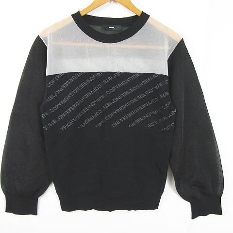 ディーゼル DIESEL シアー ニット カットソー 長袖 ストレッチ 綿 S ブラック ホワイト 総柄 kz10468 レディース拍卖