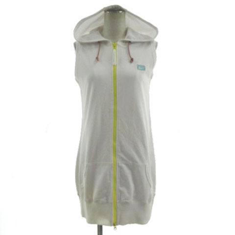 未使用品 オニツカタイガー Onitsuka Tiger パーカー スウェット ロゴ刺繍 ノースリーブ ロング丈 ダブルジップ ホワイト 白 黄色 S拍卖