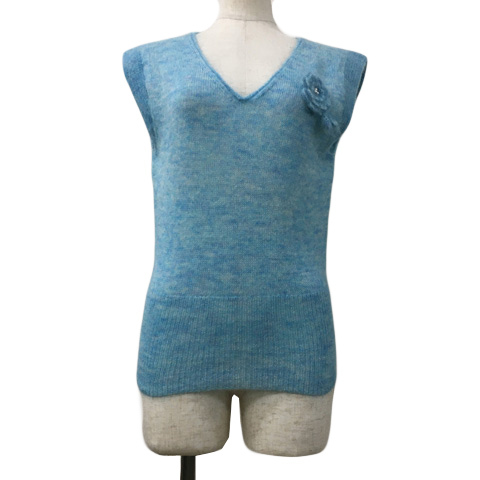 ロペ ROPE ベスト ニット プルオーバー Vネック モヘヤ フラワー ブローチ メランジ 無地 ノースリーブ M 水色 ライトブルー レディース拍卖