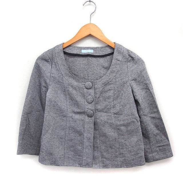 フリーズショップ Free's SHOP ノーカラー ジャケット 七分袖 ラウンドネック リネン混 S ライトグレー /FT11 レディース拍卖