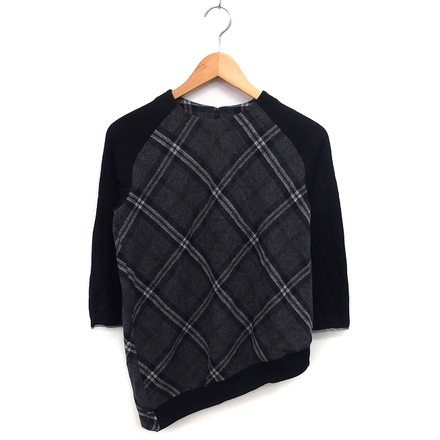 ギャバジンケーティー Gabardine K.T アシンメトリー カットソー チェック ウール ラグランスリーブ 七分袖 9 黒 ブラック グレー拍卖