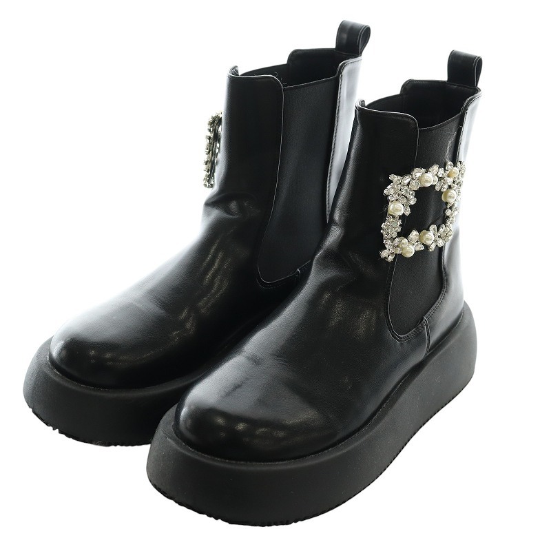 チェスティ Chesty 22AW ビジューバックル ショートブーツ サイドゴア ラウンドトゥ 37 24.0cm 黒 ブラック /AQ ■OS レディース拍卖