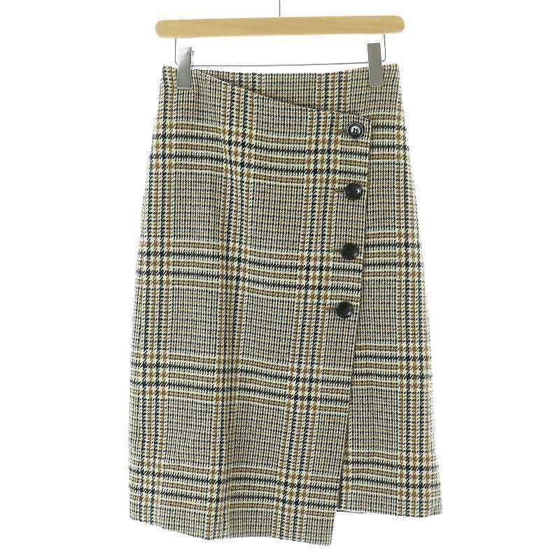 スピック&スパン Spick&Span ウール チェック ラップスカート フレア ミモレ ロング 36 S ベージュ 茶 ブラウン /AT ■OS レディース拍卖