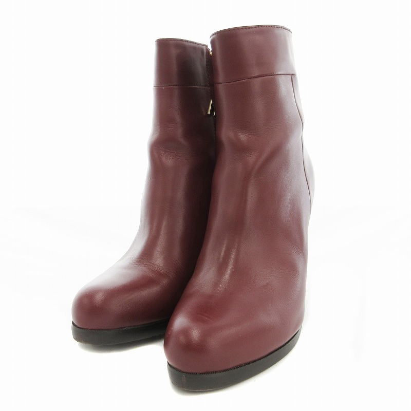 ジルスチュアート 美品 ショートブーツ チャンキーヒール ラウンドトゥ レザー バイカラー 23.5cm ボルドー系 赤茶 ベージュ拍卖
