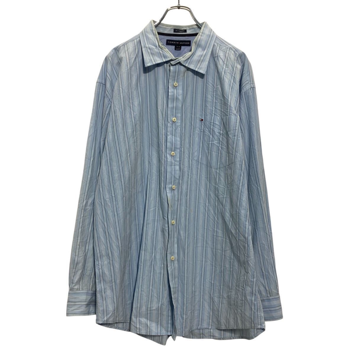 TOMMY HILFIGER 長袖 ストライプシャツ XL ライトブルー ネイビー トミーヒルフィガー ワンポイントロゴ 古着卸 アメリカ仕入 a701-5079拍卖