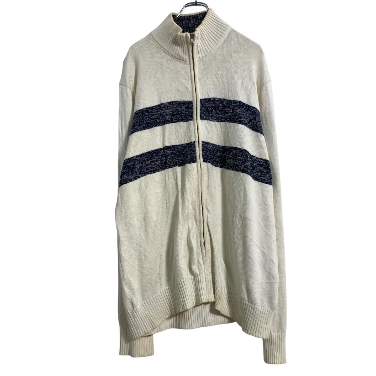 TOMMY HILFIGER コットン ニット セーター トミーヒルフィガー XL ホワイト ネイビー フルジップ 古着卸 アメリカ仕入 a701-5203拍卖