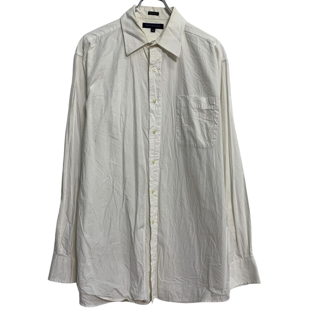TOMMY HILFIGER 長袖 無地シャツ 16 L程 ホワイト トミーヒルフィガー ボタン 胸ポケット シンプル 古着卸 アメリカ仕入 a701-5417拍卖