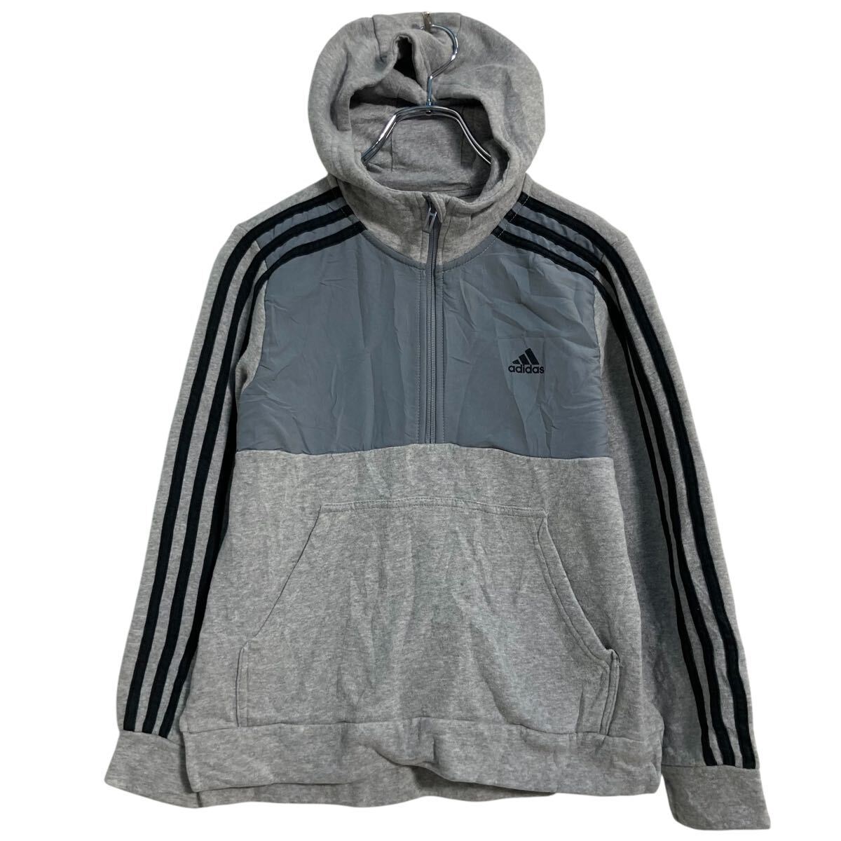adidas ロゴスウェット パーカー キッズ150~ グレー アディダス スポーツ ハーフジップ 古着卸 アメリカ仕入 a701-5873拍卖