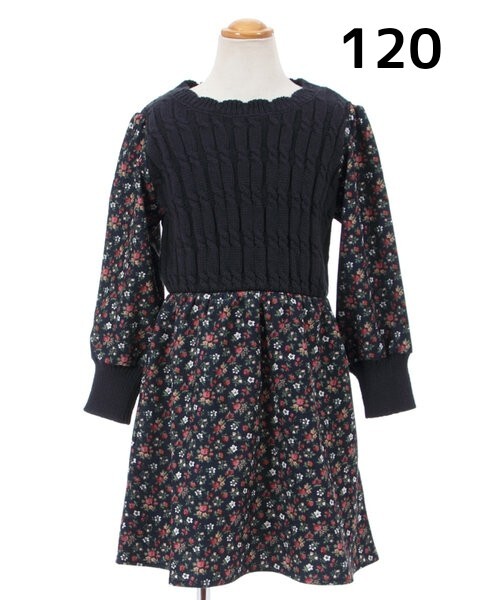 【送料無料・匿名配送】新品タグ付き axes femme kids アクシーズファムキッズ ニット×花柄コーデュロイワンピース 紺 120拍卖