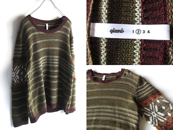 glamb グラム 雪柄/ノルディック柄切替 ボーダーニット コットンニット 2 カーキグリーン 日本製拍卖