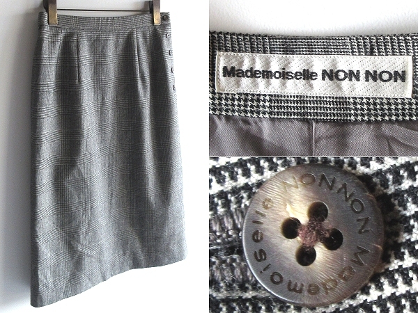高級 Mademoiselle NON NON マドモアゼルノンノン ロゴピスネーム サイドボタン ウールカシミヤ グレンチェック スカート 38/M グレー拍卖